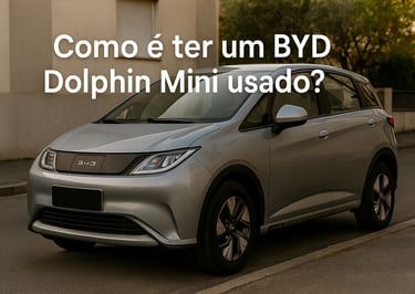 BYD Dolphin Mini prata estacionado em rua residencial, com a frase “Como é ter um BYD Dolphin Mini u