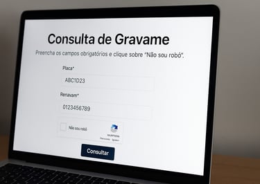 Tela de computador exibindo consulta de gravame no site do Detran ou SNG.