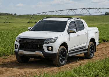 Chevrolet S10 High Country 2022 branca em estrada rural cercada por campo verde