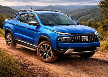 fiat toro 2025 azul em estrada de terra na montanha com paisagem natural