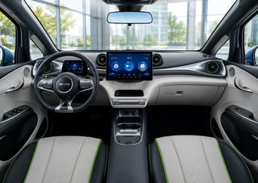 Interior do BYD Dolphin com painel digital, tela multimídia e acabamento moderno