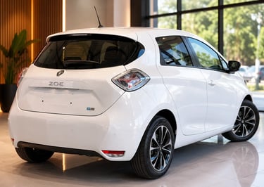 Renault Zoe visto de traseira em showroom moderno com acabamento sofisticado