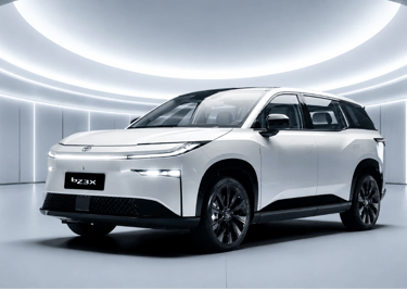 Toyota bZ3X branco em estúdio futurista com iluminação circular moderna.