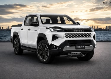 Toyota Hilux Modellista com visual esportivo à beira-mar durante o pôr do sol