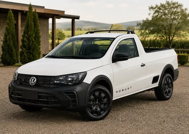 Volkswagen Saveiro Robust branca em showroom externo com cenário rural