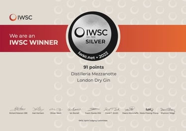 attestato di vincita della medaglia d'argento al concorso IWSC