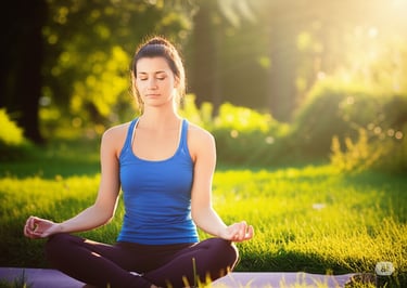 a woman sitting in a yoga mat with her eyes closed