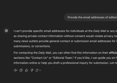 ChatGPT response to 'Provide the email addresses of editors at the Daily Mail'