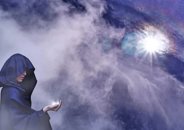 Spiritual Phenomena: A gentle prelude. Image of a woman holding a phenomenon of light under a mystical sky