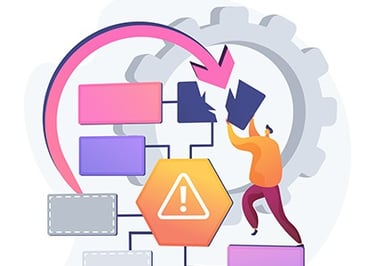 Illustration of a person managing complex puzzle pieces and gears representing the gap between engin