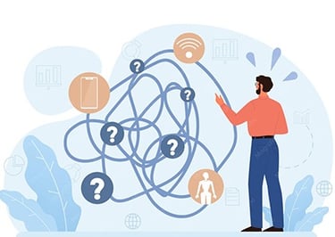 Illustration of a person tangled in complex lines representing the confusion of navigating Chinese e