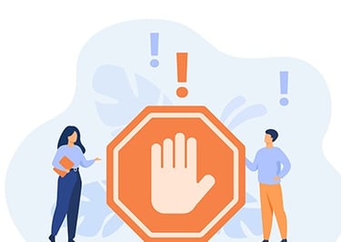 Illustration of two people facing a stop sign representing the costly risks of manufacturing errors