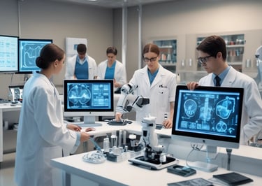Two individuals stand on either side of a large banner for the BioPharmaceuticals Academy Masterclass. They both wear name tags and appear to be smiling. The banner lists various topics related to pharmaceuticals, including biologics and cell banks.