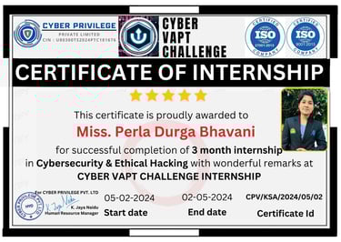 Miss Perla Durga Bhavani Intern-Cyber Forensics Specialist from 05/02/2024 to: 02/05/2024 Success