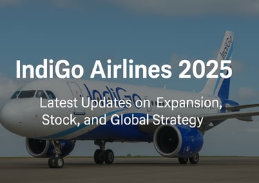 A digital news banner image of an IndiGo aircraft with the title “IndiGo Airlines 2025: Latest Updates on Expansion, Stock, a