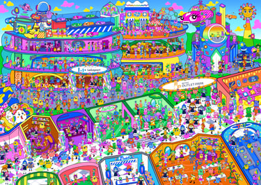 MIOCHINさんが描き下ろした「未来の大阪の商業施設」をテーマにした大阪・関西クエスト～９つのカギを探せ！～のイラスト｜堺市のニュースならサカイタイムズ