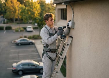 Security technician installing UniFi surveillance camera