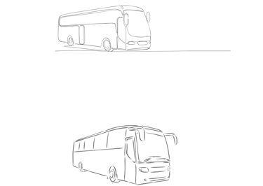 Minimalist continuous line drawing of a modern tour bus and passenger coach.
