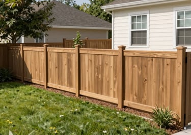 New cedar wood privacy fence installation in a residential backyard with green grass.