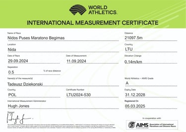 Tarptautinio Nidos Pusės Maratono 21km distancijos sertifikatas - World Athletics (WA) ir AIMS