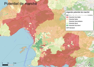 Carte de potentiel de marché utilisée dans une étude d'implantation commerciale.