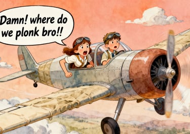 a cartoonish airplane with a woman in a pilot's seat, representing air navigation 