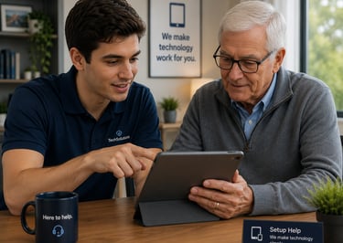Burlington tech support expert helping customer with smartphone and tablet setup
