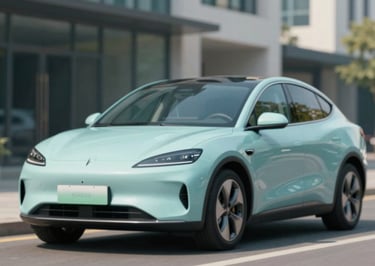 A modern car parked in a bright, sunlit urban street, symbolizing mobility and freedom. The shot is clean and professional, with cool tones of #B6DDE5 and #3A6F8B, emphasizing reliability and efficiency.