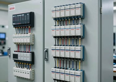 A clean, high-tech industrial control panel with complex PLC wiring and neatly organized components. The lighting is bright and professional, typical of a modern North American industrial automation facility, using grey and light blue colors.