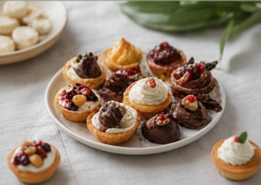 A top-down view of several small artisanal sweet tarts arranged on a light surface.