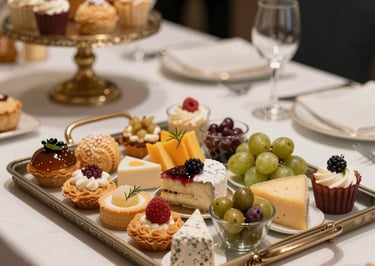 A top-down view of several small artisanal sweet tarts arranged on a light surface.