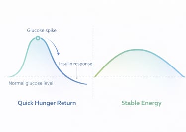 Blood sugar spike versus stable glucose curve after eating carbs.