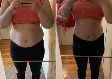 Side-by-side weight loss transformation showing a woman's fitness progress in yoga pants and a sports bra.