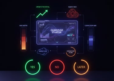 Holographic investor decision board with Yes, No, and Later options influenced by conviction and ris