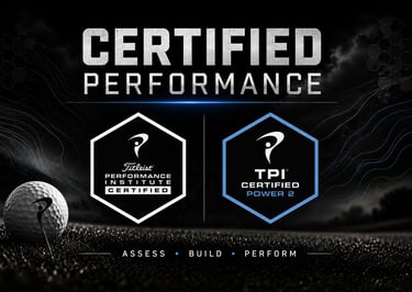 Titleist Performance Institute TPI Certified Power 2 logo with a golf ball for athletic performance.