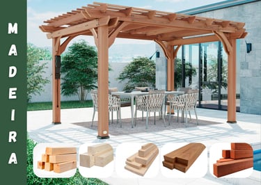 Wooden backyard pergola with outdoor dining set and various timber wood lumber samples.