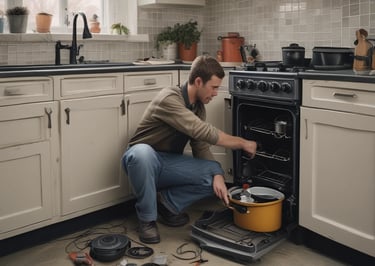 A repairman fixes a broken electric oven in a modern kitchen with spare parts on the floor.