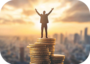 Successful businessman standing on a stack of gold coins