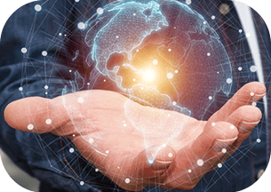 A person holding a digital glowing globe