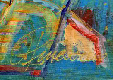 Quadratische Leinwand mit glyphenartigen weißen Linien und farbigen Feldern.