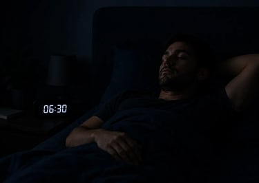 A man sleeping soundly in a dark bedroom with a digital alarm clock showing 06:30 AM.