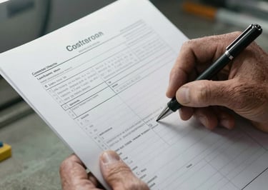 Extreme close-up of weathered hands holding a printed job cost sheet under fluorescent work lighting, a pen marking a labor line item, concrete floor visible below, raw industrial setting