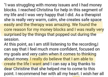 Client testimonial describing how RTT resolved the root cause of her money blocks