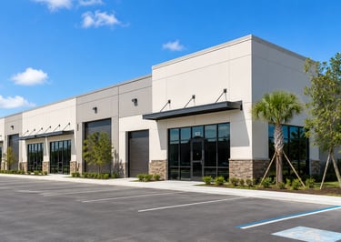 Modern commercial flex space building with office storefronts and industrial roll-up doors.