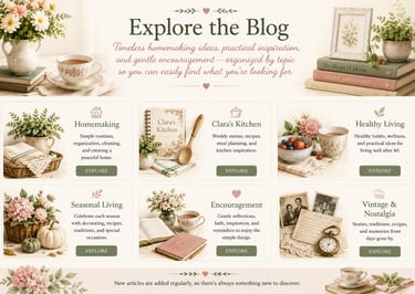 Vintage-style blog homepage featuring categories for homemaking, seasonal living, and healthy lifestyle tips.