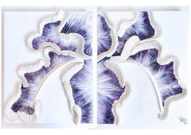 peinture tridimensionnelle technique mixte sur toile diptyque iris violette matière texture relief