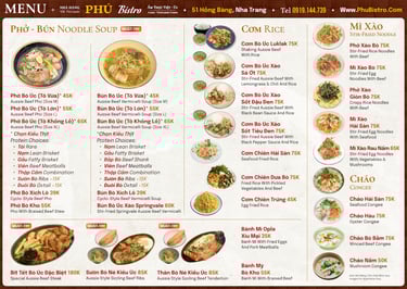 Pho and Bun noodle soups with Aussie beef, stir-fried noodles, rice dishes, and congee varieties