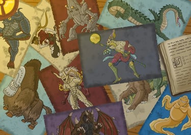 Image montrant des dessins de créatures imaginaires, fantastiques éparpillés sur une table.