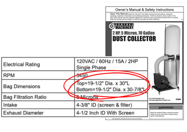 Harbor Freight Dust Collector Bag Specs