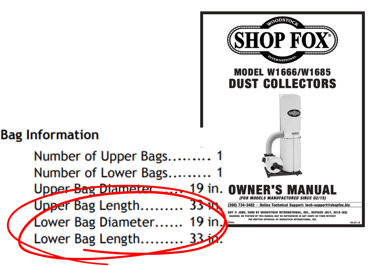 Shop fox dust collector bag specs